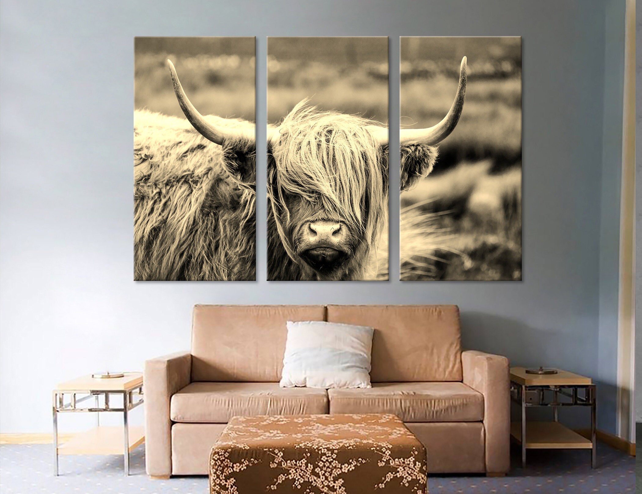 Scottish Highland Cattle Wall Art in Sepia Style Cattle Canvas Etsy