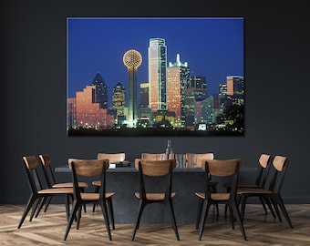Skyline di Dallas TX di notte Stampa di Dallas Tela di Dallas Arte murale di Dallas Decorazione murale di Dallas Skyline Grande tela Paesaggio urbano Grattacielo Arte murale