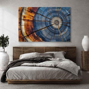 Impressão em tela de anéis de árvores coloridos - Arte de parede natural elegante - Decoração sobre a cama