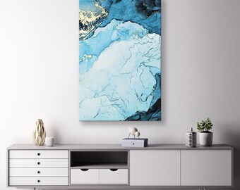 Sea Color Wall Decor, Aquamarine Spots Wash Drawing Canvas Print, Vertical Wall Art