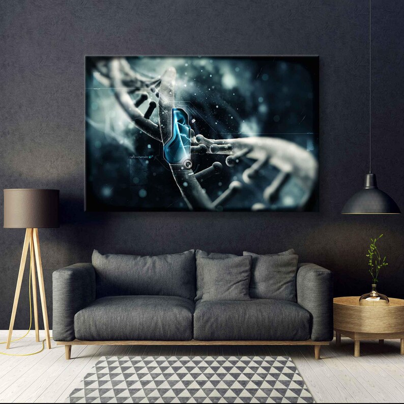 Puede incluir: Impresi&oacute;n digital abstracta con una cadena de ADN azul y blanca sobre un fondo azul oscuro con motas blancas.