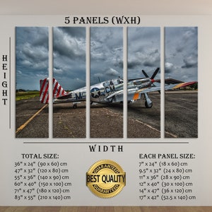 Puede incluir: Una impresi&oacute;n en lienzo de cinco paneles que presenta un avi&oacute;n militar vintage, un P-51 Mustang, pintado en rojo, blanco y azul con una estrella en el fuselaje. El avi&oacute;n est&aacute; en una pista con un cielo nublado en el fondo. La impresi&oacute;n est&aacute; disponible en varios tama&ntilde;os, con un tama&ntilde;o total que va de 90 cm por 60 cm a 210 cm por 140 cm. Cada panel tambi&eacute;n est&aacute; disponible en diferentes tama&ntilde;os, que van de 18 cm por 60 cm a 52,5 cm por 140 cm.