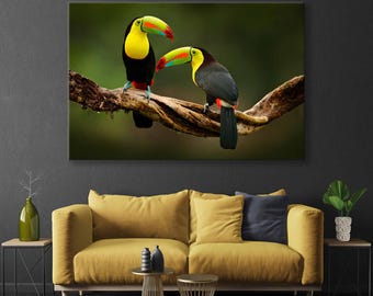 Arte mural de una pareja de tucanes - Impresión en lienzo extragrande de tucanes - Decoración de pared con tucanes vibrantes