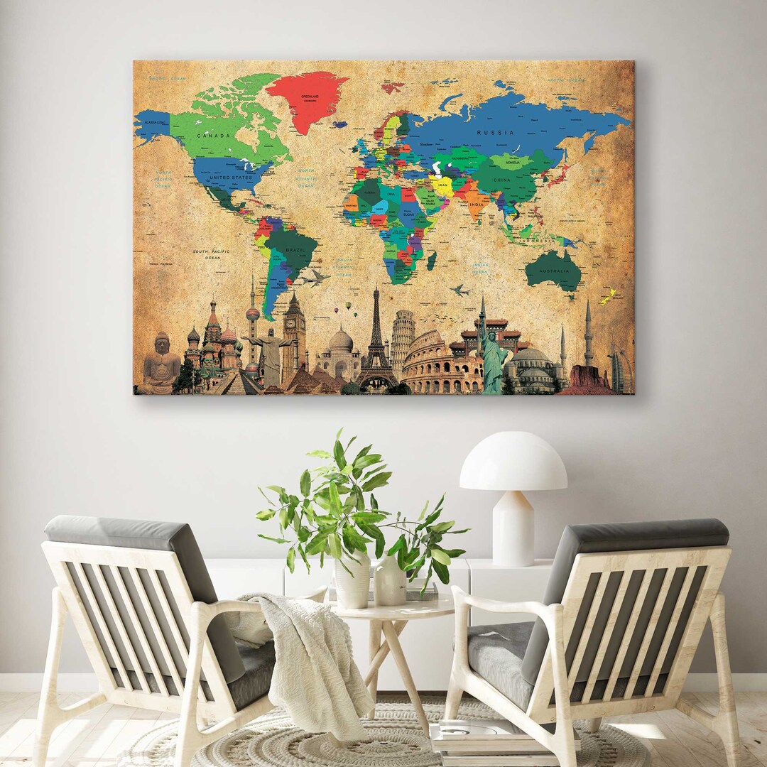 Large Wall Map Canvas Print Vintage World Map Wall Decor Etsy