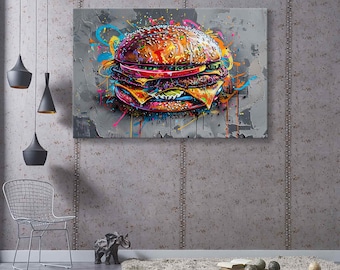 Burger Graffiti Canvas Print, Breakfast Fast Food Wall Art, Print Urban Art, Extra Large Street Pop Art, Graffiti Wall Decor