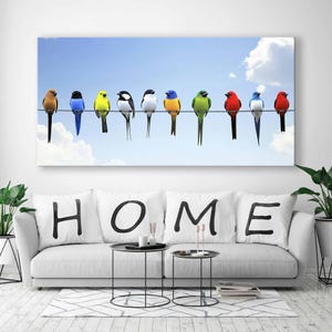 Lienzo colorido de Angry Birds: pájaros de dibujos animados sobre alambre, decoración de pared infantil