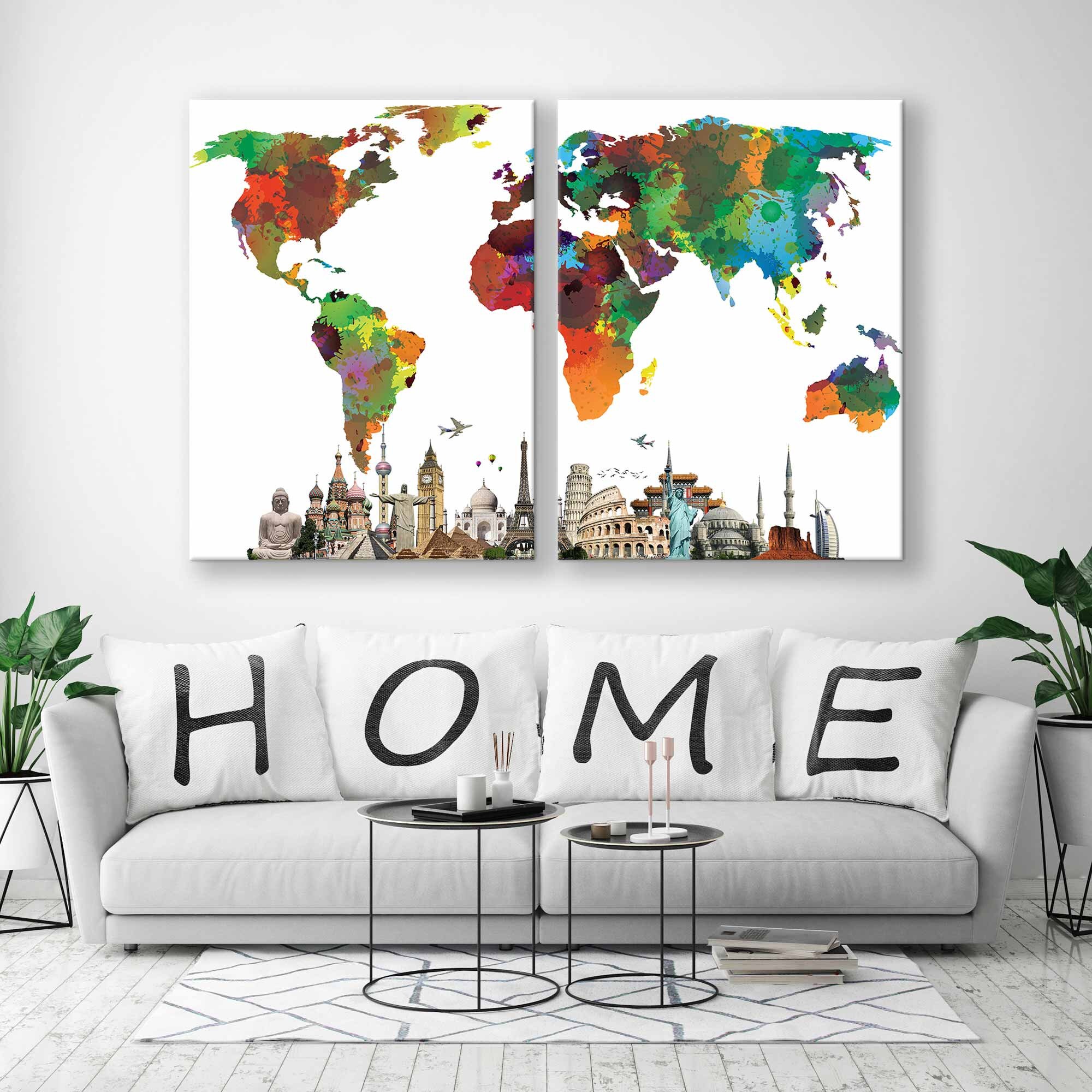 Watercolor World Map Canvas Print, Landmark Wall Decor - Etsy