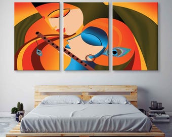 Impresión abstracta en lienzo de Radha Krishna: arte mural multicolor de un dios indio, decoración de pared de religión espiritual