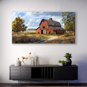 Retro Bauernhof Wandkunst - Dorf Wandkunst - Alte Scheune in der Bauernhof Landschaftsmalerei Leinwand - Rustikale Bauernhaus Wanddekoration