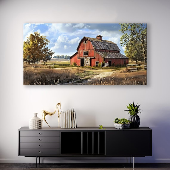 Retro Farm Wall Art - Village Wall Art - Old Barn In the Farm Landscape Painting Canvas Print - Rustic Farmhouse Wall Decor