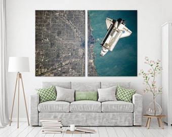 Space Shuttle Canvas Print, Space Shuttle Decor, Large Wall Art, Earth Top View Print Art