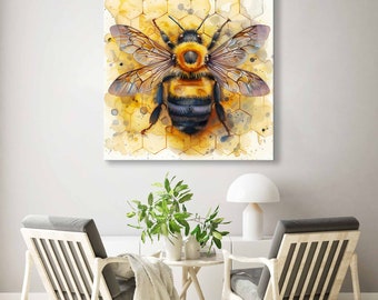 Watercolor Bee Printed Wall Art, Honey Bee Print, Honeycomb Bumblebee, Honeybee Nature Minimalist Insects Colorful