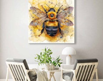 Watercolor Honey Bee Canvas Print, Bumblebee Honeycomb Wall Art