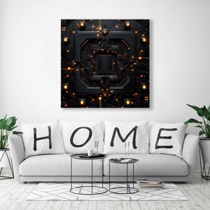 May include: A black and gold abstract digital art print with a circuit board design. The print features a central square with a grid pattern and glowing lights.
