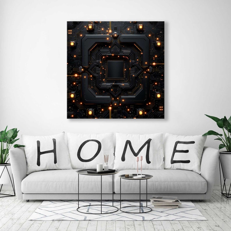 May include: A black and gold abstract digital art print with a circuit board design. The print features a central square with a grid pattern and glowing lights.