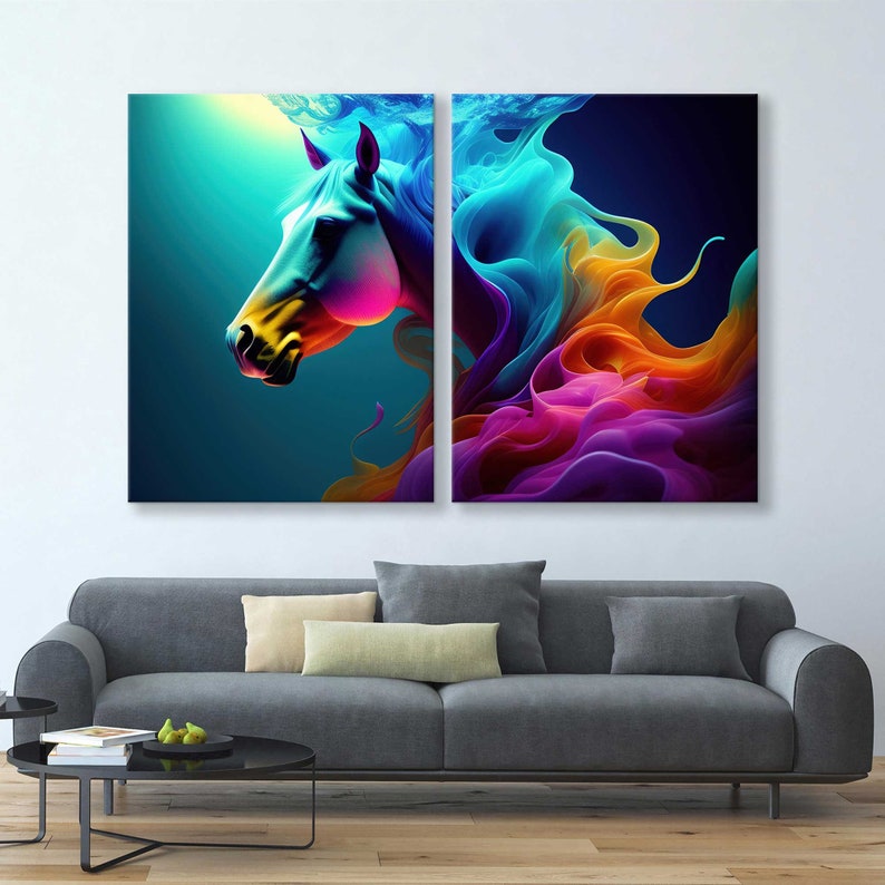 May include: Abstract art print of a colourful horse with a blue, purple, pink, orange, and yellow mane. The horse's head is on the left side of the print and the mane is on the right side.