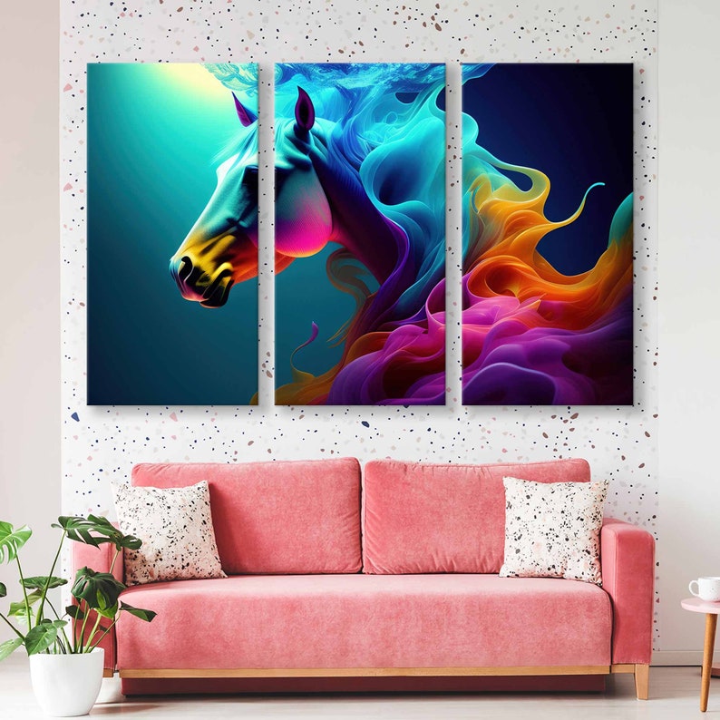 May include: A three-piece abstract canvas art print featuring a colourful horse with flowing mane and tail. The horse is depicted in shades of blue, purple, yellow, and orange.