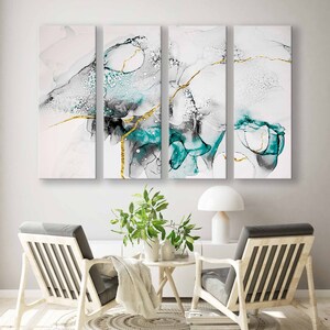 May include: Abstract art print set of four panels featuring a white background with teal and grey abstract shapes and gold accents.