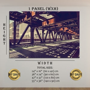 May include: A vintage-style photograph of a city street scene, showing a bridge with a metal framework and a grid pattern on the ground. The image is available in multiple sizes, ranging from 24 inches by 16 inches to 55 inches by 36 inches.