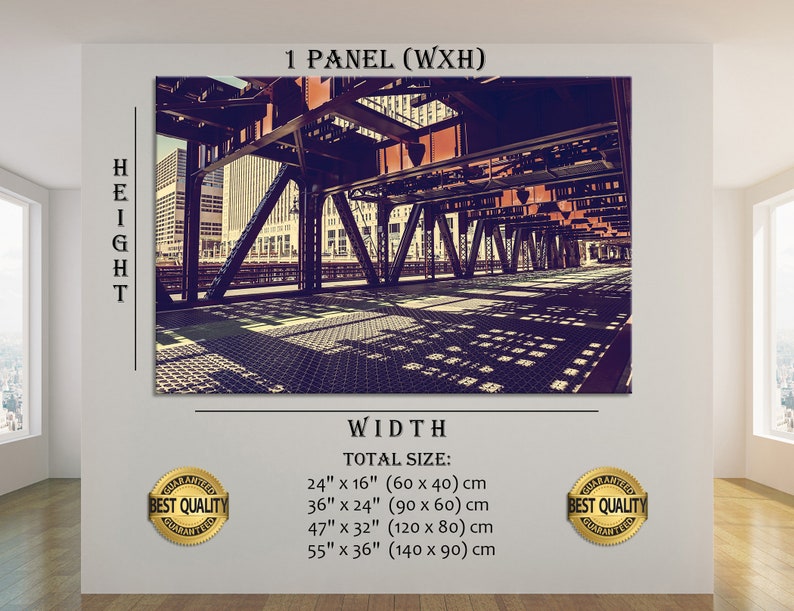 May include: A vintage-style photograph of a city street scene, showing a bridge with a metal framework and a grid pattern on the ground. The image is available in multiple sizes, ranging from 24 inches by 16 inches to 55 inches by 36 inches.