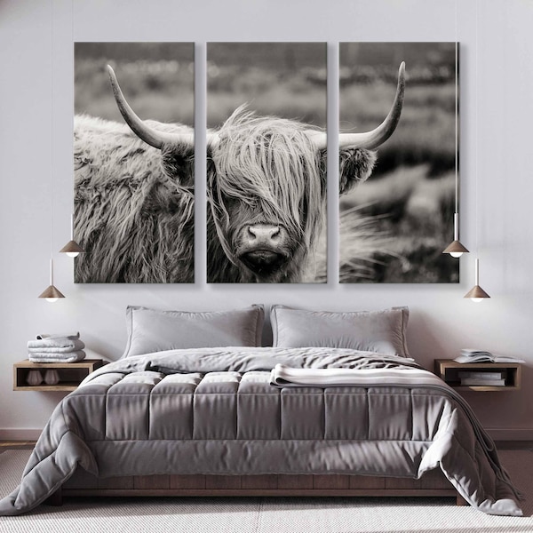 Muurkunst Schotse Hooglanders - rustieke dierencanvas als decor boerderij