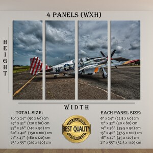 Puede incluir: Una impresi&oacute;n en lienzo de cuatro paneles que presenta un avi&oacute;n militar vintage, un P-51 Mustang, en una pista. El avi&oacute;n est&aacute; pintado con un patr&oacute;n de camuflaje plateado y gris con marcas rojas, blancas y azules. El cielo est&aacute; nublado y el fondo es una pista borrosa. La impresi&oacute;n est&aacute; disponible en varios tama&ntilde;os, con un tama&ntilde;o total que va de 90 cm por 60 cm a 210 cm por 140 cm. Cada tama&ntilde;o de panel va de 22,5 cm por 60 cm a 52,5 cm por 140 cm.