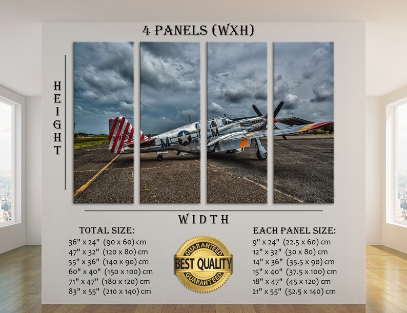Puede incluir: Una impresi&oacute;n en lienzo de cuatro paneles que presenta un avi&oacute;n militar vintage, un P-51 Mustang, en una pista. El avi&oacute;n est&aacute; pintado con un patr&oacute;n de camuflaje plateado y gris con marcas rojas, blancas y azules. El cielo est&aacute; nublado y el fondo es una pista borrosa. La impresi&oacute;n est&aacute; disponible en varios tama&ntilde;os, con un tama&ntilde;o total que va de 90 cm por 60 cm a 210 cm por 140 cm. Cada tama&ntilde;o de panel va de 22,5 cm por 60 cm a 52,5 cm por 140 cm.