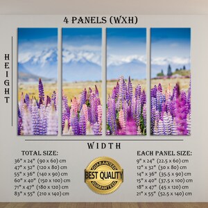 May include: A four-panel canvas print featuring a field of purple and pink lupine flowers in bloom. The background shows snow-capped mountains and a blue sky. The print is available in various sizes, with the total size and each panel size listed in inches and centimetres.