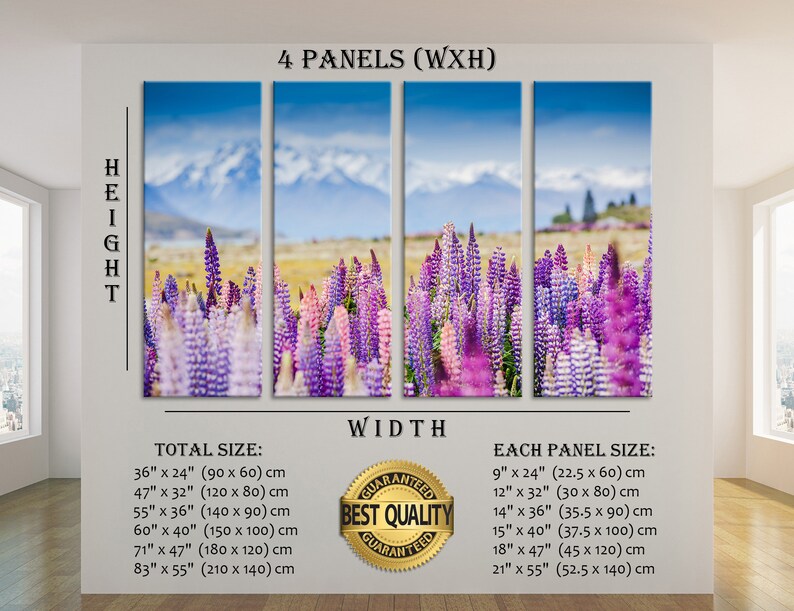 May include: A four-panel canvas print featuring a field of purple and pink lupine flowers in bloom. The background shows snow-capped mountains and a blue sky. The print is available in various sizes, with the total size and each panel size listed in inches and centimetres.