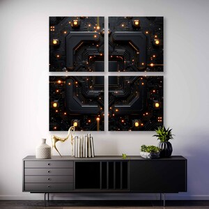 May include: A set of four black and gold abstract art prints featuring a circuit board design with glowing lights. The prints are arranged in a square formation.