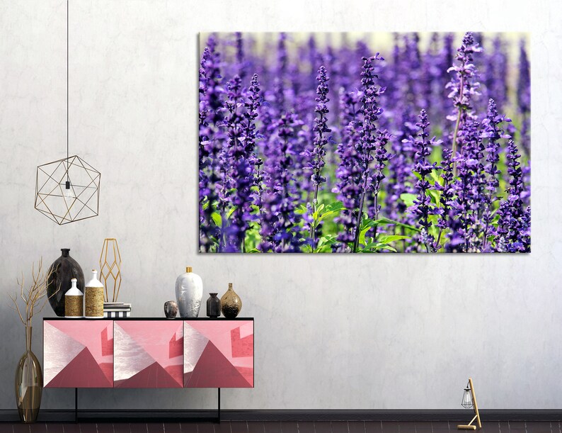 May include: A field of purple lavender flowers in bloom. The flowers are tall and slender, with delicate purple blooms. The background is a soft blur of green and purple.