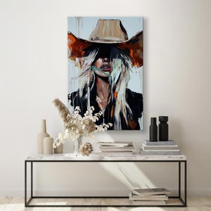Art mural abstrait cow-girl - toile western moderne avec femme blonde au chapeau de cow-boy - décoration de ferme rustique