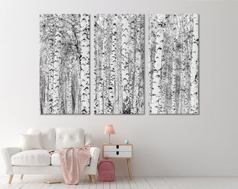 Art mural forêt de bouleaux, toile forêt, affiche de forêt, impression de forêt, paysage noir et blanc, art mural de bouleaux, arbres imprimés, décoration pour la maison