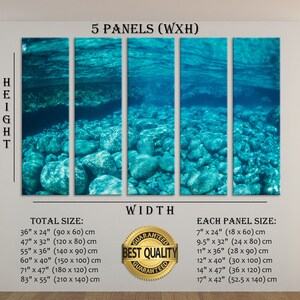 May include: Five-panel wall art featuring an underwater scene with turquoise water and rounded stones. The artwork includes text indicating total and individual panel sizes, ranging from 7" x 24" to 17" x 42". The image also includes a "Best Quality Guaranteed" seal.