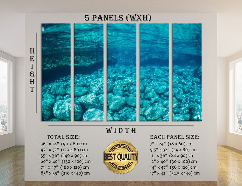 May include: Five-panel wall art featuring an underwater scene with turquoise water and rounded stones. The artwork includes text indicating total and individual panel sizes, ranging from 7" x 24" to 17" x 42". The image also includes a "Best Quality Guaranteed" seal.