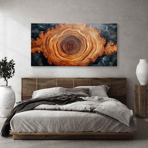 Op de afbeelding: Een grote abstracte wandkunstprint met een close-up van de jaarringen van een boomstam. De ringen zijn warm oranje en bruin van kleur, met een donkerblauwe achtergrond.