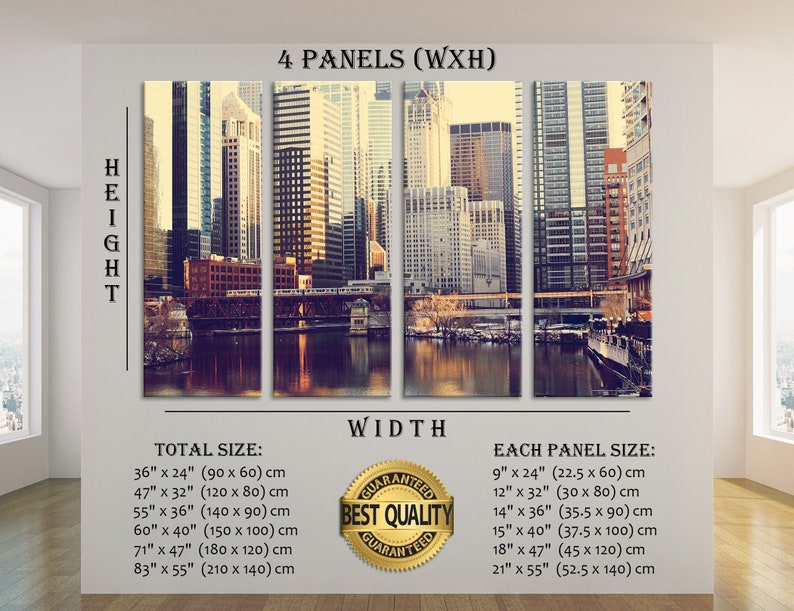 May include: A four-panel canvas print featuring a cityscape with a river and bridge. The print is available in various sizes, with the largest measuring 83 inches by 55 inches (210 cm x 140 cm). The image is labeled "4 Panels (WxH)" and includes the text "Guaranteed Best Quality".