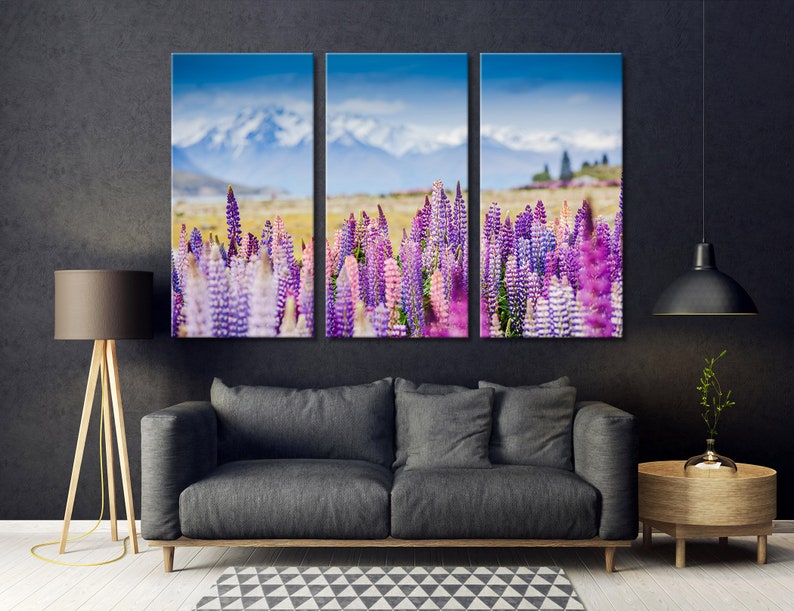 May include: A panoramic view of a field of purple and pink lupin flowers in bloom. The flowers are in the foreground, with snow-capped mountains in the background. The sky is blue and clear.