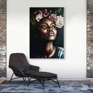 African Woman Canvas Print – Queen Flower Colors, Afrocentric Art Wall Decor, Black Art Portrait, Large Painting