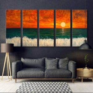 Sunset Over the Emerald Green Ocean Canvas Print - Moody Panoramic Print - Minimal Horizontal Wall Art Framed - Vintage Painting Print