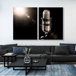 Impressão em tela de microfone prateado vintage - Decoração de parede com música díptica - Painéis de som de arte de parede musical