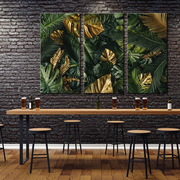 Impression sur toile de feuillages tropicaux verts et dorés, art mural extra large, décor floral