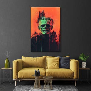 Monster Wall Art Canvas Print, Psihodelici Spooky Wall Art, Abstract Painting Style Art Gift, Frankenstein Halloween Art