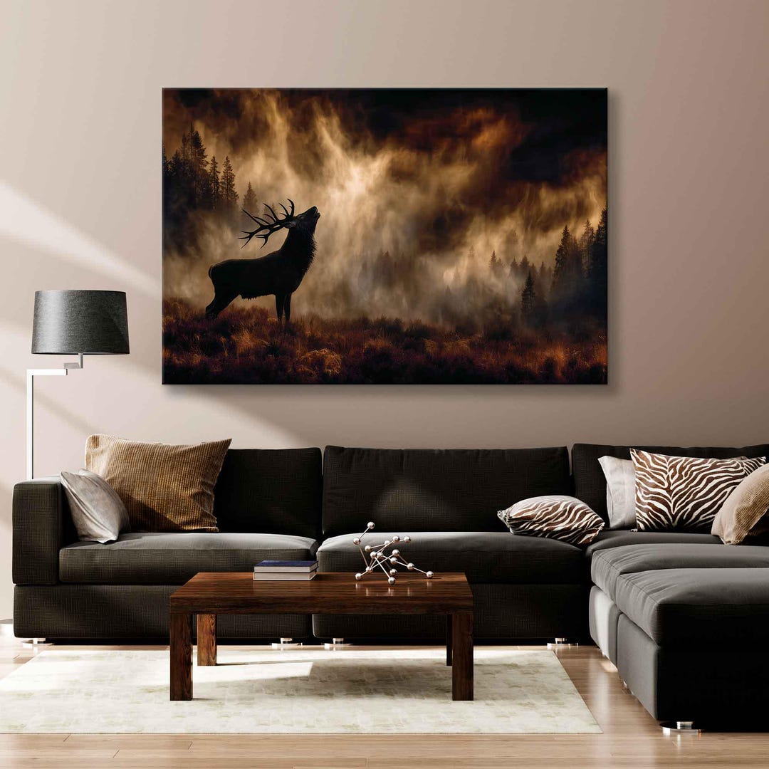 Majestic Stag in the Mist Canvas Print – Dark Forest Wildlife Wall Art ...