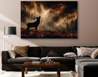 Impression sur toile majestueux cerf dans la brume – Art mural animalier de la forêt sombre