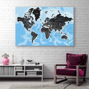 Impresión en lienzo de un mapa del mundo azul y negro: una pieza decorativa única y fascinante