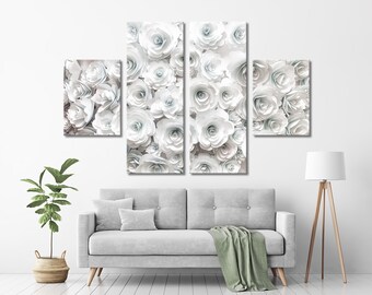 Paper Flowers on Canvas White Art Abstract Wall Decor Contemporary Art Modern Wall Decor Botanic Art Large Abstract Canvas Print Decor Art