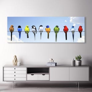 Impresión panorámica en lienzo de pájaros de dibujos animados: decoración de pared ultra ancha para habitación infantil