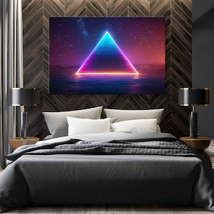 Neon Pyramide Leinwanddruck, Weltraum Geometrie Wanddekoration, Sternenhimmel Malerei, Heilige Geometrie Poster