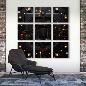 May include: A black and gold abstract wall art print with a circuit board design. The print is divided into nine squares, each with a different pattern. The squares are arranged in a grid pattern.